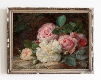 STAMPA SU TELA / Rose sul pavimento della foresta, dipinto a olio / Stampa floreale vintage / Fiori antichi / Natura morta con rose bianche e rosa