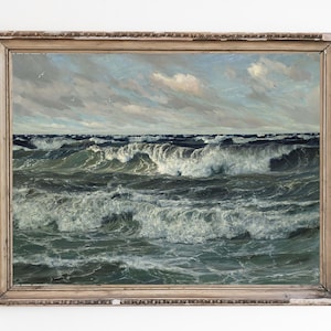 LEINWAND KUNSTDRUCK | Vintage Ozean Wellen Ölgemälde | Antike Meereskunst | Seelandschaft Wandkunst | Vintage Küsten Kunst Malerei | Blaue Malerei