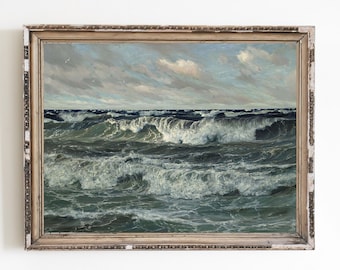 CANVAS ART PRINT | Vintage Ocean Waves Oil Painting | Antique Sea Artwork | Seascape Wall Art | Vintage Coastal Art Painting | Blue Painting