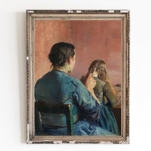 CANVAS ART PRINT | Braiding Hair l Wall Art Print | Motherhood Home Decor | Mother and Daughter Oil Painting | Antique Woman Portrait Art