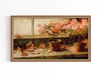 STAMPA SU TELA / Arte fiori di azalea rosa vintage / Pittura di azalee alla finestra / Pittura a olio di natura morta