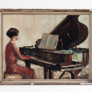DRUCKBARE KUNST | Porträt von Klavierspieler | Frau spielt Klavier Stimmungsvolles Vintage Ölgemälde | Klavier Kunstdruck | Pianist Geschenk | Musiker Geschenk