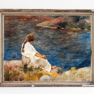 CANVAS ART PRINT | A Girl Sitting on the River Bank in Silence Wall Art Print | Lonely Young Woman Portrait Home Decor | Female Figurative