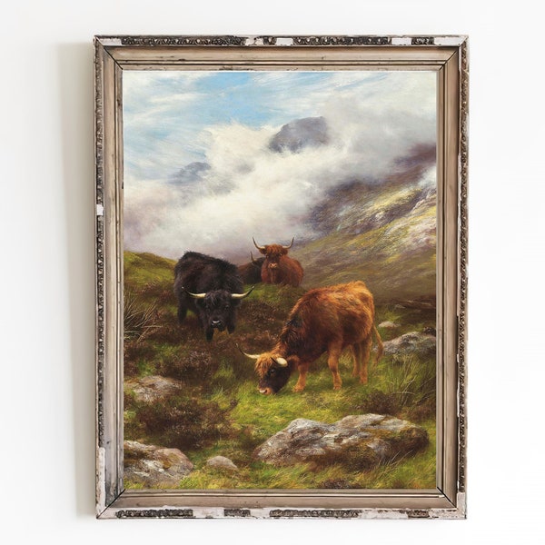 IMPRESSION D'ART SUR TOILE | Bovins des Highlands paissant sur une peinture à l’huile à flanc de colline couverte de brume | peinture vintage de vache des Highlands | Art antique des Highlands