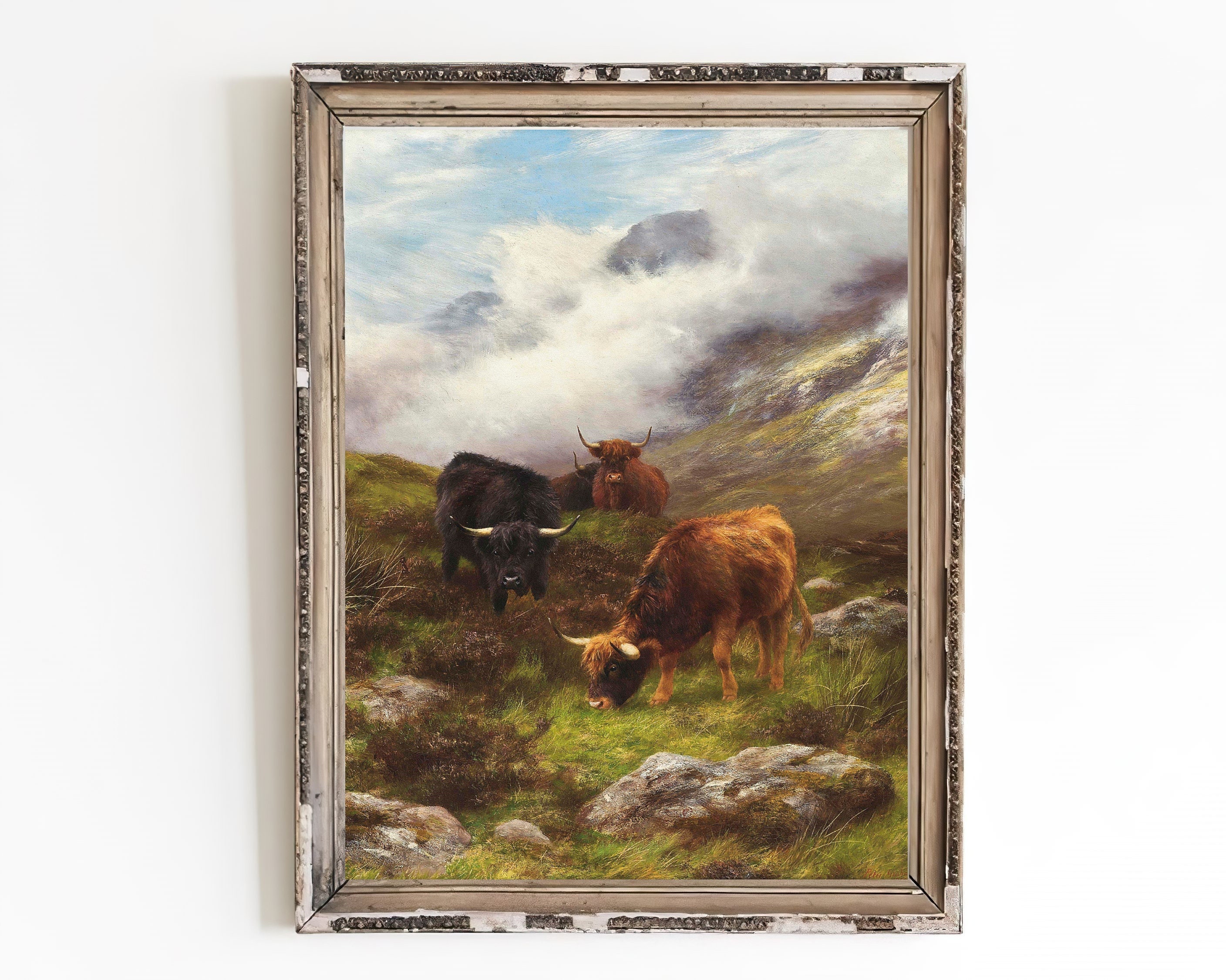 CANVAS ART PRINT | Highland Cattle Grazing on a Mist Covered Hillside Oil Painting | Vintage Highland Cow Painting | Antique Highland Art