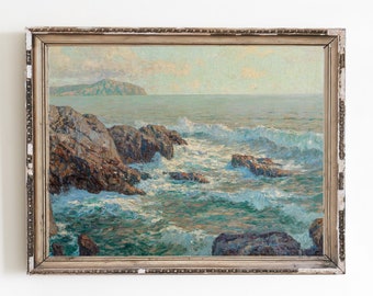 PRINTABLE ART | Vintage Adriatic Coast Oil Painting | Antique Seascape Art Print | Sea Rocks Wall Art | Seashore Artwork | Beach Decor