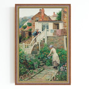 IMPRESSÃO DE ARTE EM LONA | Mulher jardinagem pintura a óleo vintage | Arte de cenário de jardim | Mulher em uma arte de jardim | Impressão de arte de parede de jardinagem
