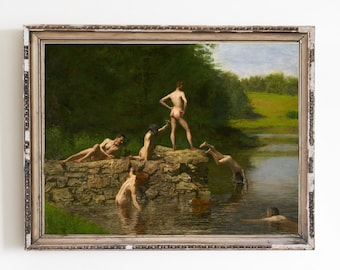CANVAS ART PRINT | The Male Figurative Wall Art Print | Swimming Painting Home Decor | Summer Artwork | River Landscape Art | Lake House Art