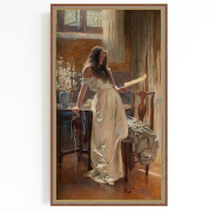IMPRESIÓN DE ARTE DE LIENZO / Mujer elegante leyendo una pintura de letras / Pintura de retrato británica vintage / Mujer en arte blanco / Retrato elegante