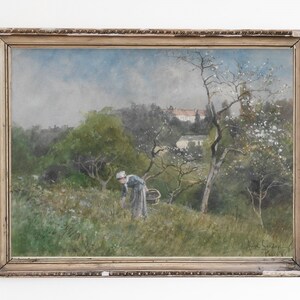 LEINWAND KUNSTDRUCK | Frau Blumen pflücken auf den Hängen des Berges Wand Kunstdruck | Frau in einer Wiese Wohnkultur | Wilde Blumen Malerei