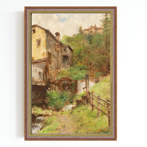 CANVAS ART PRINT  | Vintage Old Mill Oil Painting | Antique Landscape Wall Art | French Countryside Art Print | Country Mill Scene Painting