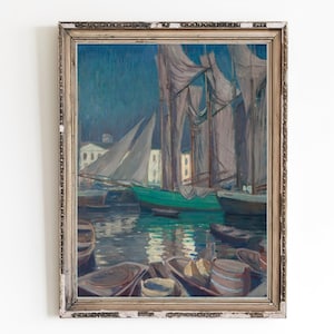 CANVAS ART PRINT | Boats in the Harbor Oil Painting | Nautical Wall Art Print | Marine Scenery Home Decor | Sailboats Artwork | Seascape Art