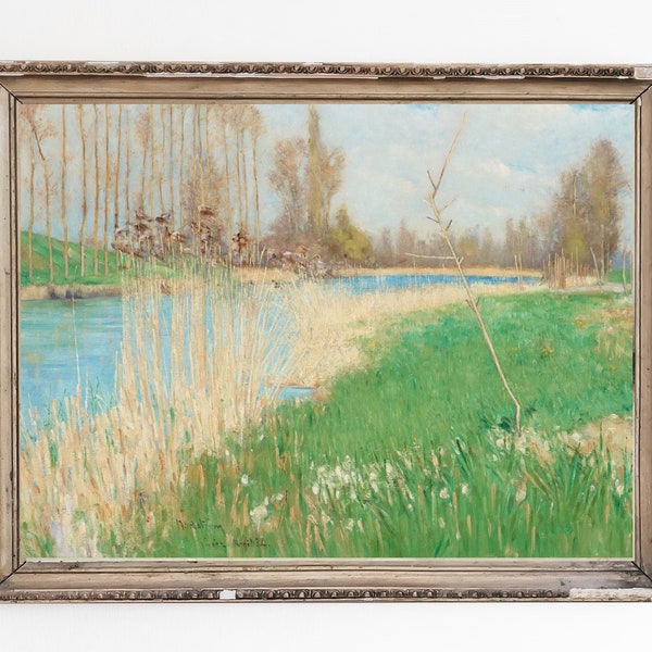 CANVAS KUNSTPRINT | Lente in april aan de rivier Wall Art Print | Vintage rivieroever Home decor | Prachtige natuurlijke lange rivierzicht oliekunst