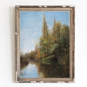 CANVAS ART PRINT | River Landscape Wall Art Print | Calm River Flowing Along the Forest Oil Painting | Reflection in the River Artwork