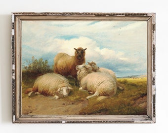 CANVAS ART PRINT  | Vintage Sheep Painting | Antique Wall Art | Farmhouse Home Decor | Sheep Grazing | Meadow Landscape Painting | Farm Life