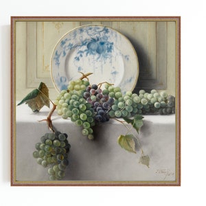 CANVAS ART PRINT | Vintage Grapes Still Life Art Print | Green Grapes Painting | Dining Room Fruit Wall Art
