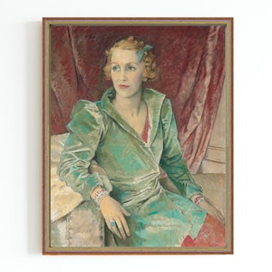 CANVAS ART PRINT | Vintage Woman Portrait | Classic Oil Portrait | Female Fashion Print | Woman in Green Art | Antique Young Girl Portrait