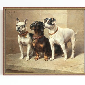 CANVAS ART PRINT | Vintage Dogs Wall Art | Three Watchful Dogs Oil Painting | Animals Artwork | Dog Lovers Art Print | Kids Room Decor