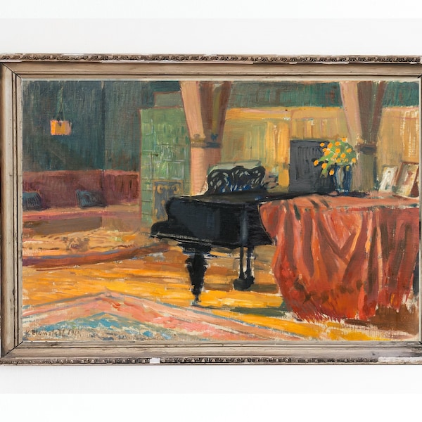 ROLLED CANVAS PRINT | Living Room Interior with Black Piano Wall Art Print | Antique Interior Scene Oil Painting | Musical Instrument Print