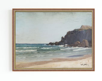 IMPRESSION D'ART SUR TOILE | Une plage au bord de la mer Peinture à l’huile | Impression d’art paysage marin | Décor de plage | Art mural côtier | Impression de bord de mer | Oeuvre de mer