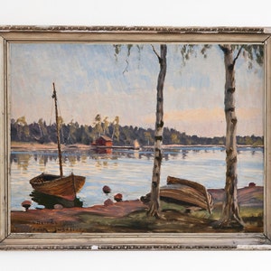CANVAS ART PRINT | Birches by the Shore of the Lake Wall Art Print | Wooden Boats on the Pond Oil Painting | Calm Natural Landscape Artwork