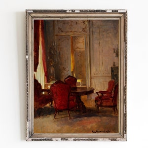 CANVAS ART PRINT | Vintage Interior Scene Oil Painting | Red Elegance and Luxury Chairs with Table Wall Art Print | Baroque House Artwork