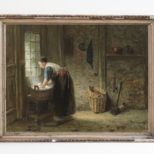 CANVAS ART PRINT | Woman Washing Laundry Oil Painting | Vintage Laundry Room Decor |Interior Scene Artwork | Antique Laundry Woman Art Print