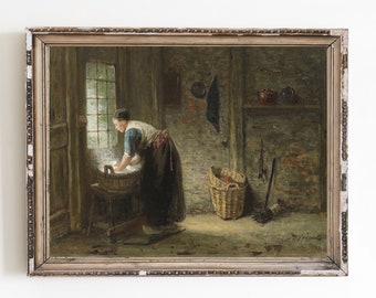 Vintage Laundry Room Canvas Art Print | Woman Washing Clothes