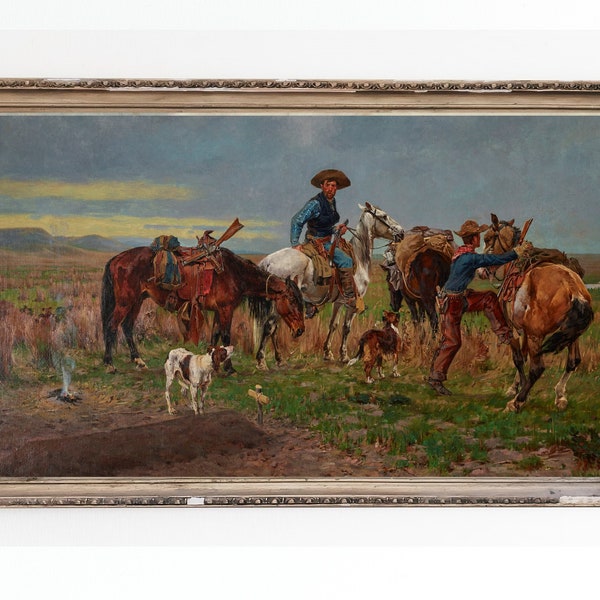 IMPRESSION SUR TOILE ROULÉE | impression d’art vintage du Mur occidental | Peinture à l’huile classique du Far West | Cowboys et chevaux Home Decor | Paysage américain