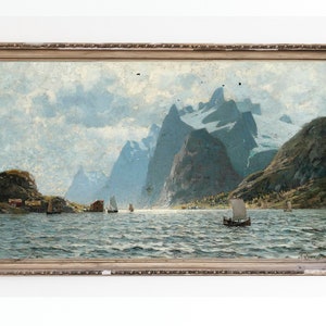 CANVAS ART PRINT | Vintage Fjord Scenery Oil Painting | Norway Fjod Landscape | Scandinavia Nature Wall Art Print | Boat Artwork | Large Art