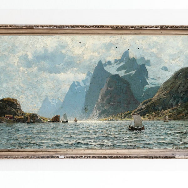 CANVAS ART PRINT | Vintage Fjord Scenery Oil Painting | Norway Fjod Landscape | Scandinavia Nature Wall Art Print | Boat Artwork | Large Art
