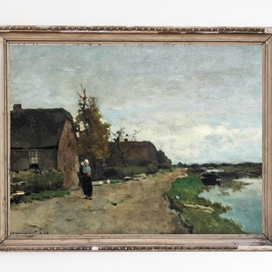 LEINWAND KUNSTDRUCK | Vintage Bauernhaus Ölgemälde | Flusslandschaft Druck| Antike Landschaft Kunstdruck | Niederländische Landmalerei | Cottage Dekor