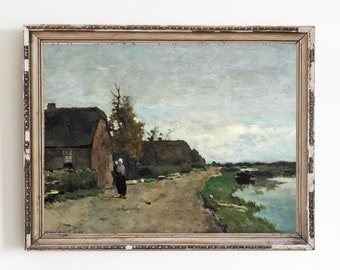 CANVAS ART PRINT | Vintage Farmhouse Oil Painting | Riverscape Print| Antique Landscape Art Print | Dutch Country Painting | Cottage Decor