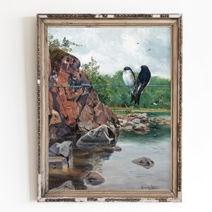 PRINTABLE ART | Vintage Swallows Oil Painting | Swallow Birds Couple Artwork | Bird Lovers Painting | Coastal Painting | Seascape Art