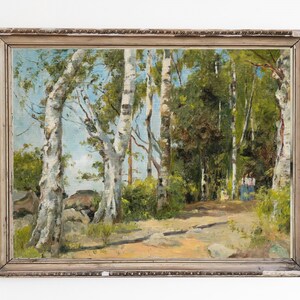 CANVAS ART PRINT | Vintage Birches Forest Wall Art Print | Girls on the Path Home Decor | Birches Oil Painting | Woods Landscape Artwork