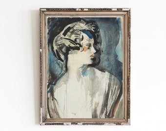 Impresión artística de retrato en acuarela vintage / Pintura femenina antigua (descarga digital)
