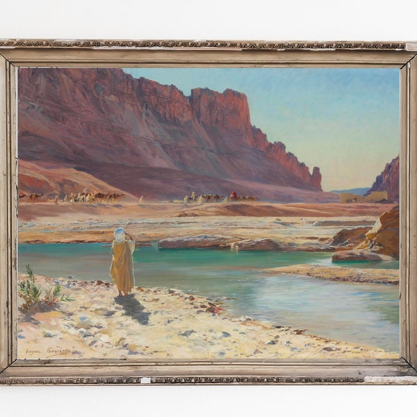 ART IMPRIMABLE | peinture à l’huile de paysage du Sahara vintage | Caravane avec bédouins et chameaux sur les dunes de sable dans le désert au coucher du soleil | Art neutre