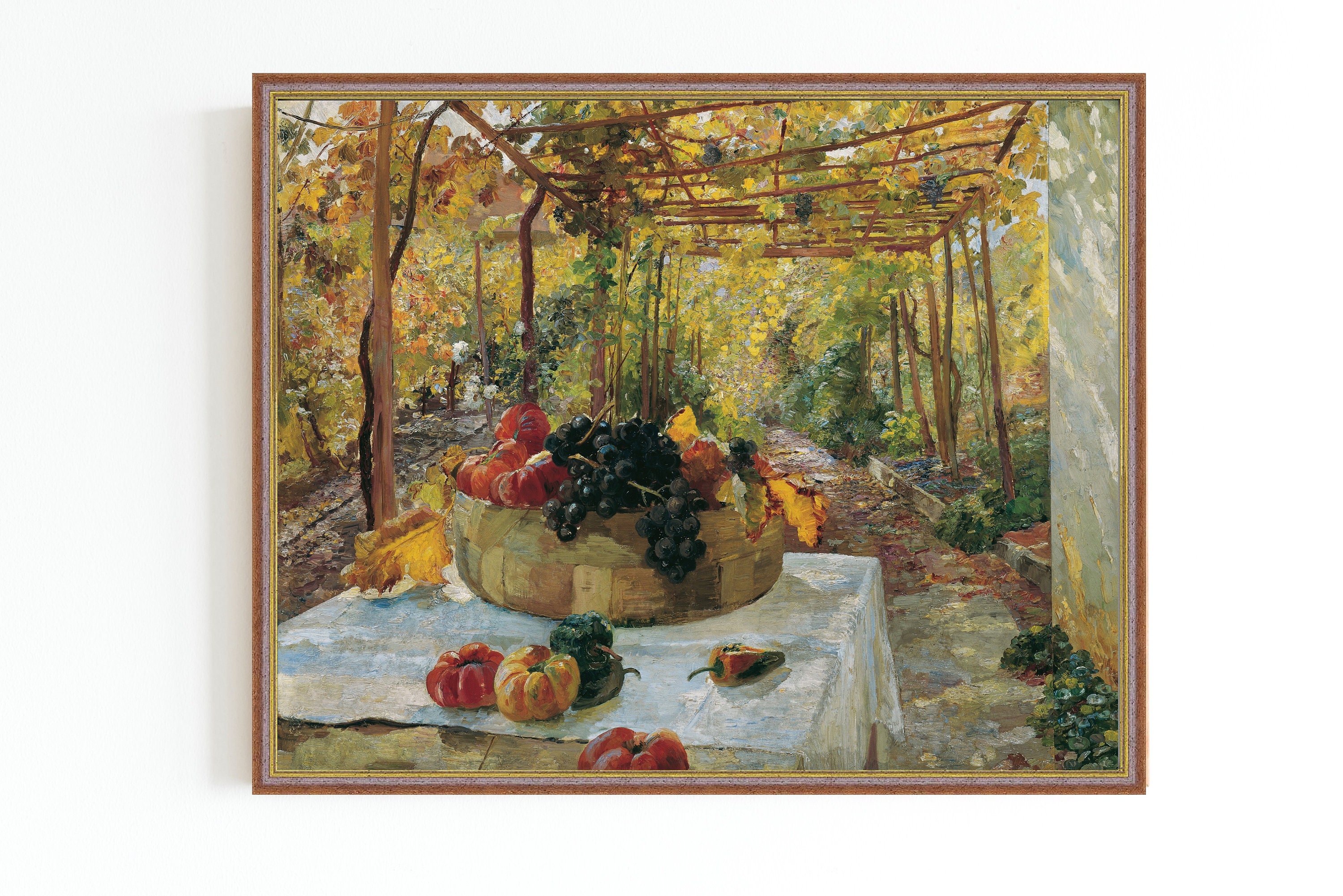STAMPA SU TELA / Natura morta con uva / Pittura di frutta in giardino / Pittura classica di natura morta / Decorazione da parete con frutta in cucina