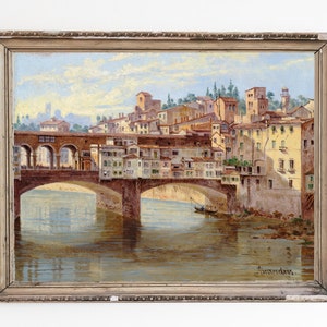 IMPRESIÓN DE ARTE DE LIENZO / Pintura al óleo vintage de Florencia / Impresión de arte antiguo de Ponte Vecchio / Arte de la pared del puente de Florencia / Obra de arte de pintura italiana