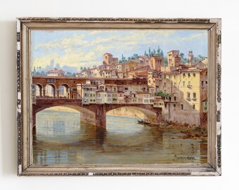 CANVAS ART PRINT | Vintage Florence Oil Painting | Antique Ponte Vecchio Art Print | Florence Bridge Wall Art | Italian Painting Artwork