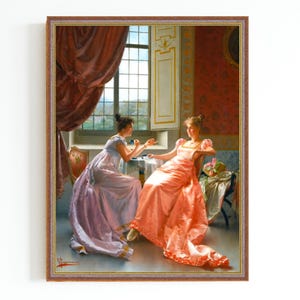 STAMPA SU TELA / Ritratto d'epoca di due giovani donne che prendono il tè / Ragazze in abito che leggono una lettera Dipinto / Arte italiana del XIX secolo