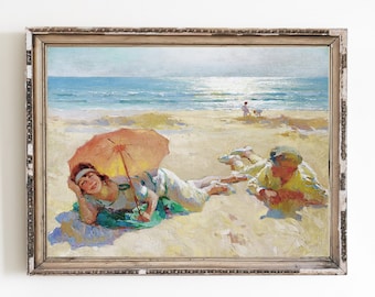 Impresión en lienzo vintage de bañistas / Escena de playa impresionista