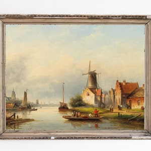 PRINTABLE ART | Vintage Windmill Oil Painting | Fishermen on the Canal | Dutch Landscape Art Print | European Countryside Painting