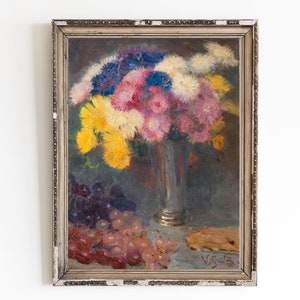 CANVAS ART PRINT | Autumn Bouquet Wall Art Print | Still Life with Fall Flowers and Grapes Oil Painting | Yellow and Pink Floral Home Decor