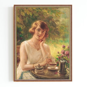 CANVAS ART PRINT| Vintage Woman Portrait Oil Painting | Tea Time in the Garden | Women&#39;s Fashion Art | Woman Having Tea | Breakfast Scenery