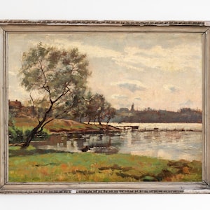 AFDRUKBARE KUNST | Vintage meerlandschapsolieverfschilderij | Klassiek antiek landschap | Lake House-muurdecoratie | Weidekunstwerk | Boomkunstafdruk