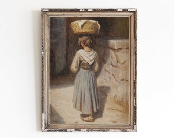 CANVAS ART PRINT | Girl with Basket on Head Wall Art Print | Peasant Girl Home Decor | Female Figurative Oil Painting | Street Scene Art