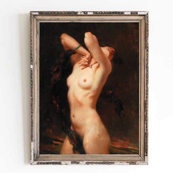 CANVAS ART PRINT | Female Nude Oil Painting | Naked Woman Art Print | Antique Female Nude Painting | Nude Erotic Girl Wall Art | Dark Art