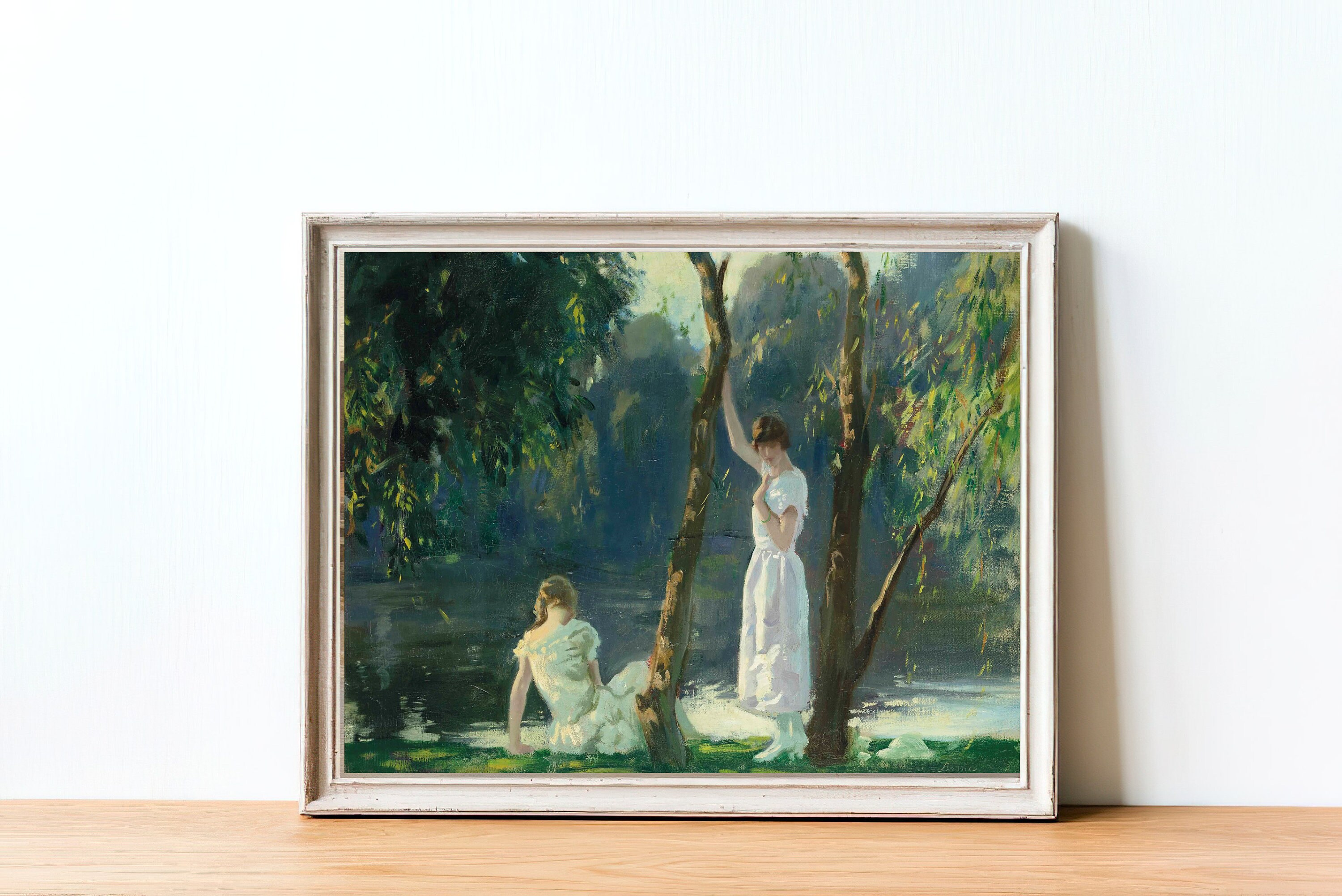 PRINTABLE ART | Girls at the Riverbank Oil Painting | Vintage River Art ...
