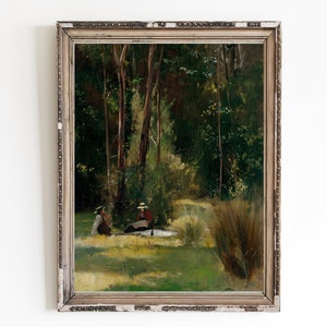KUNSTDRUCK | Vintage Junges Paar auf Picknick Wand Kunstdruck | Klassische Landschaft Wohnkultur | Hohe Bäume Ölgemälde | Landschaftskunst